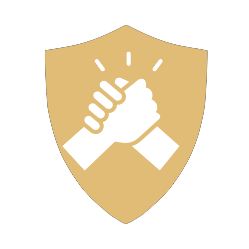 White clasped hands within a gold shield, symbolizing collaboration and strength.
