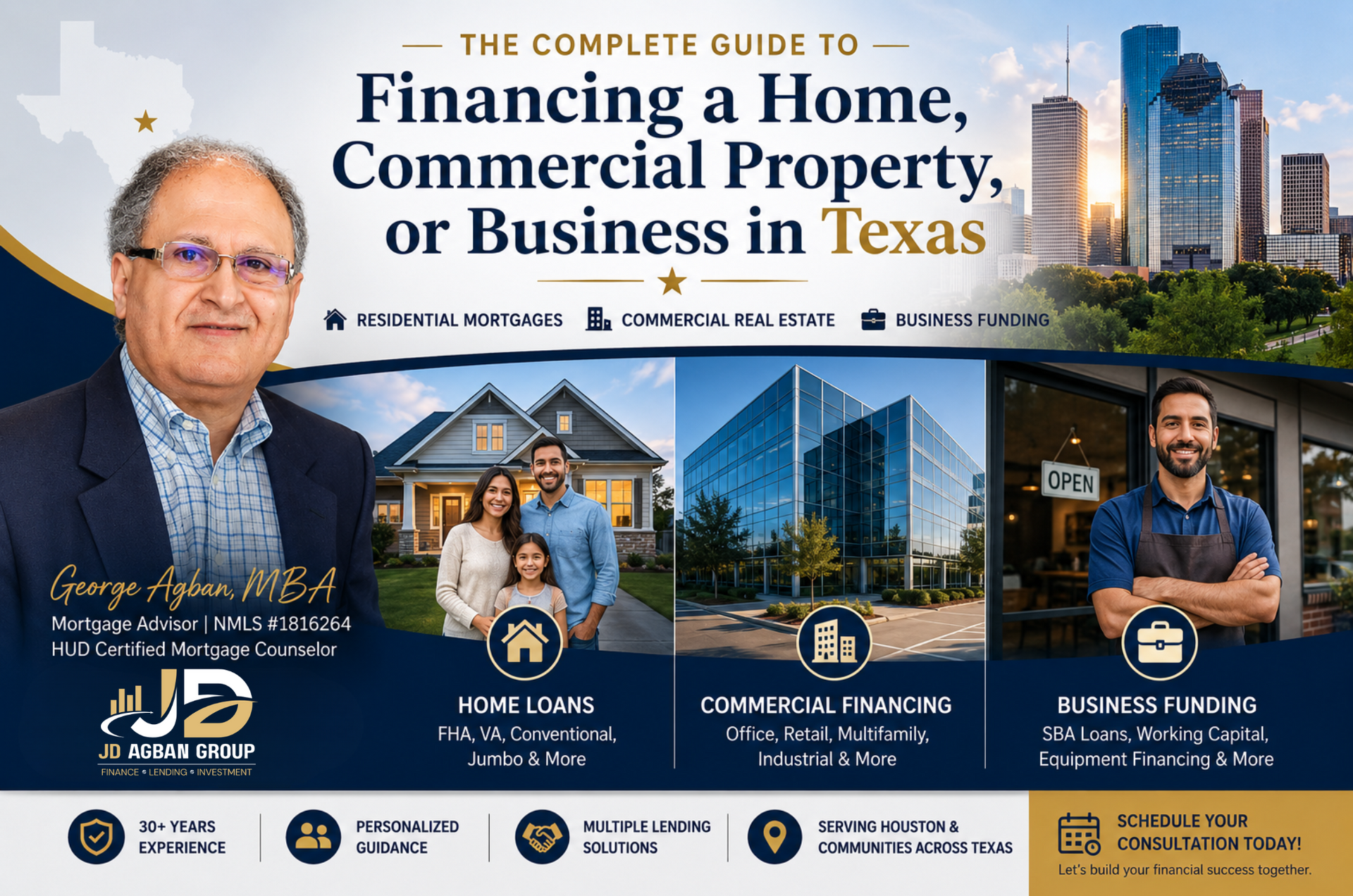 Texas home, commercial property, and business financing ad with realtor portraits and skyline backdrop