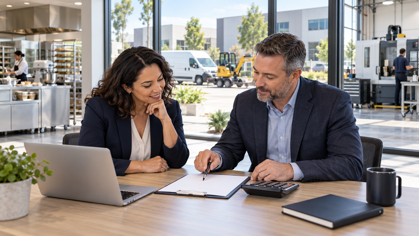 Two coworkers discuss documents at a desk in a bright office showroom
