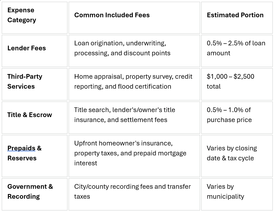 Table listing common home-buying expenses and estimated portions for lender fees, services, title, repairs, and recording.