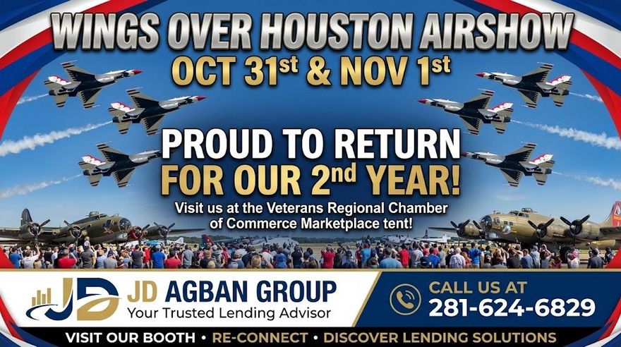 Wings Over Houston Airshow Oct. 31-Nov. 1 with airplanes, patriotic graphics, and sponsor contact info