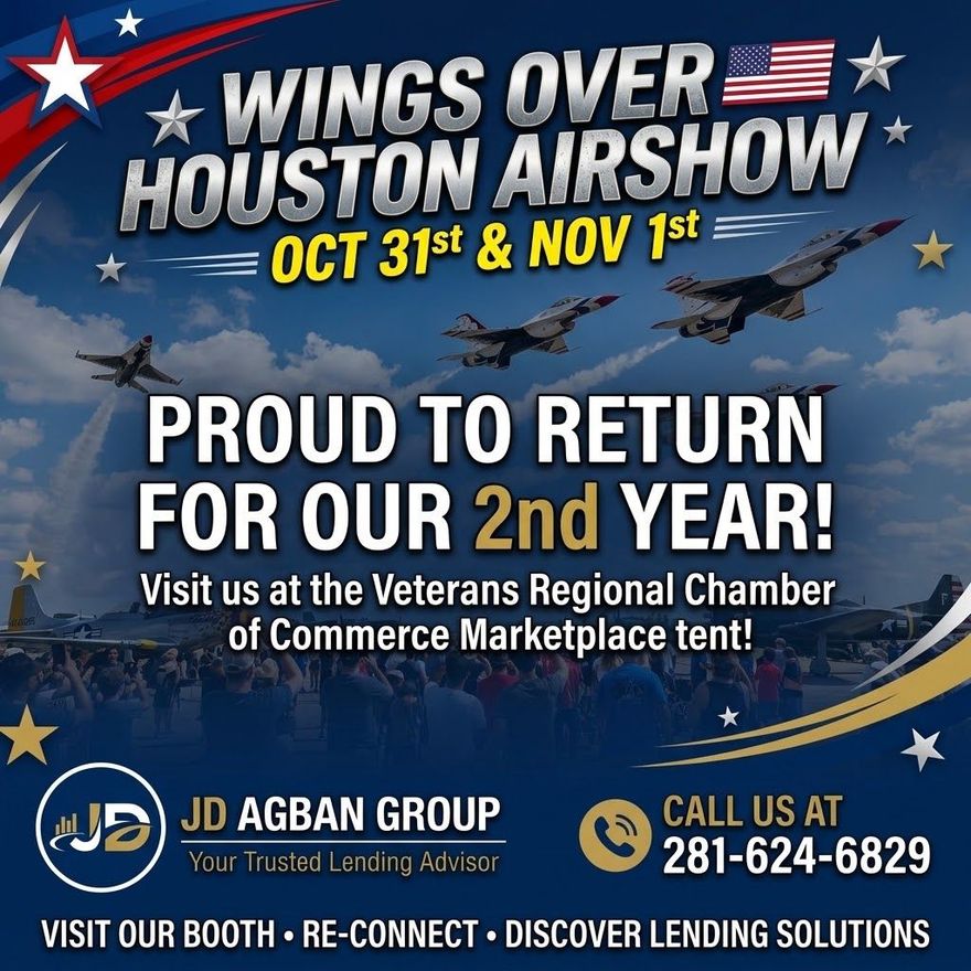 Wings Over Houston Airshow poster, Oct. 31-Nov. 1, with fighter jets and Veterans Regional Chamber marketplace details
