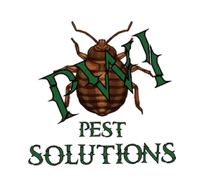 Logo for PW Pest Solutions with a brown bed bug over green letters