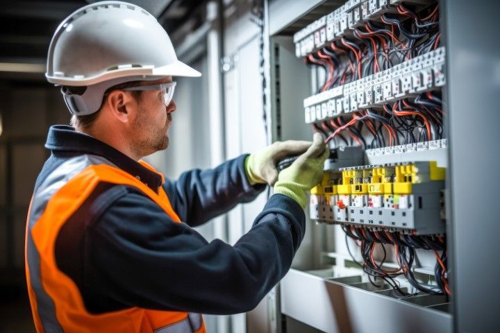 Electrician inspecting wiring in an electrical control panel wearing a hard hat and safety vest