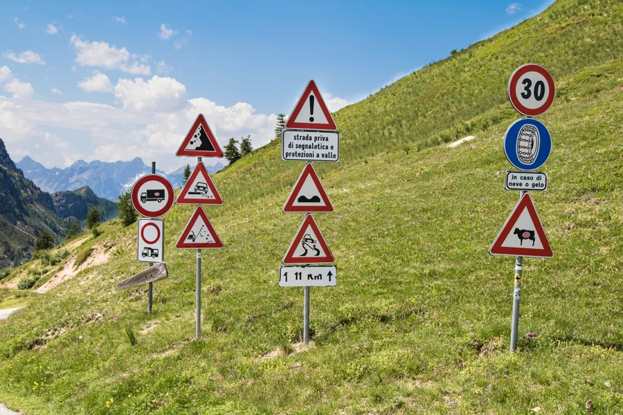 Un pendio montuoso erboso con numerosi segnali stradali, tra cui limiti di velocità, avvisi per il bestiame e pericolo di caduta massi.