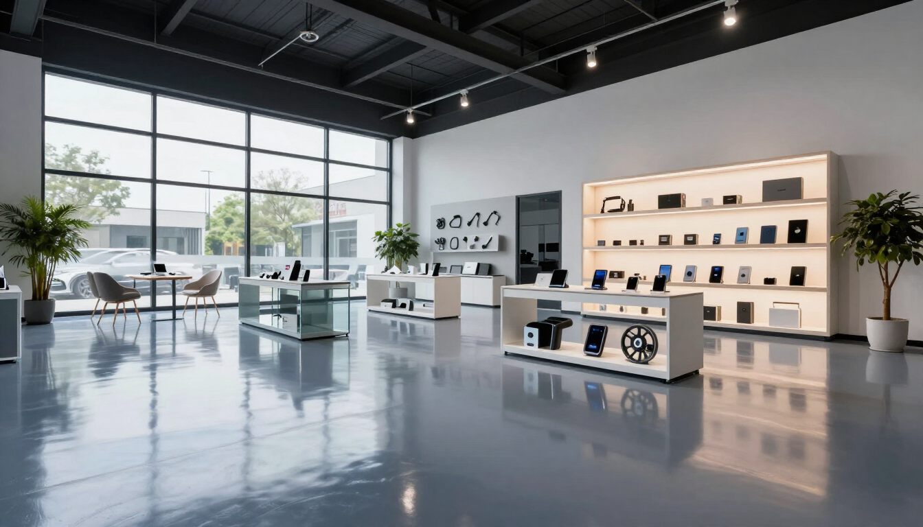 Polyaspartic floor coating in a business showroom
