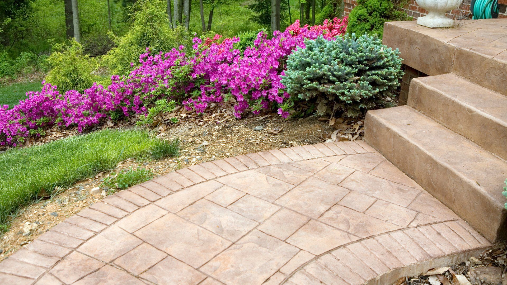 Stamped concrete walkway leading to concrete steps in Peterborough.