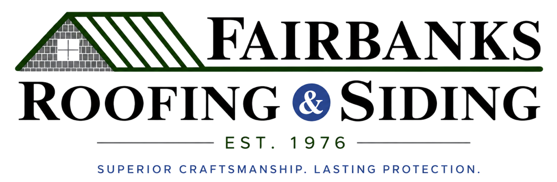 Fairbanks Roofing & Siding logo with green roof graphic, black text, and blue ampersand