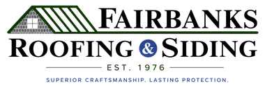 Fairbanks Roofing & Siding logo with green roof graphic, black text, and blue ampersand