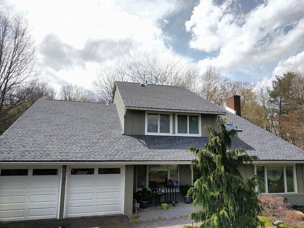 Two-story house with gray roof, white garage doors, windows, and a spruce tree under a cloudy sky.