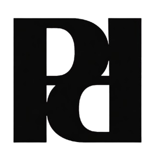 Logotipo quadrado preto com as letras estilizadas 