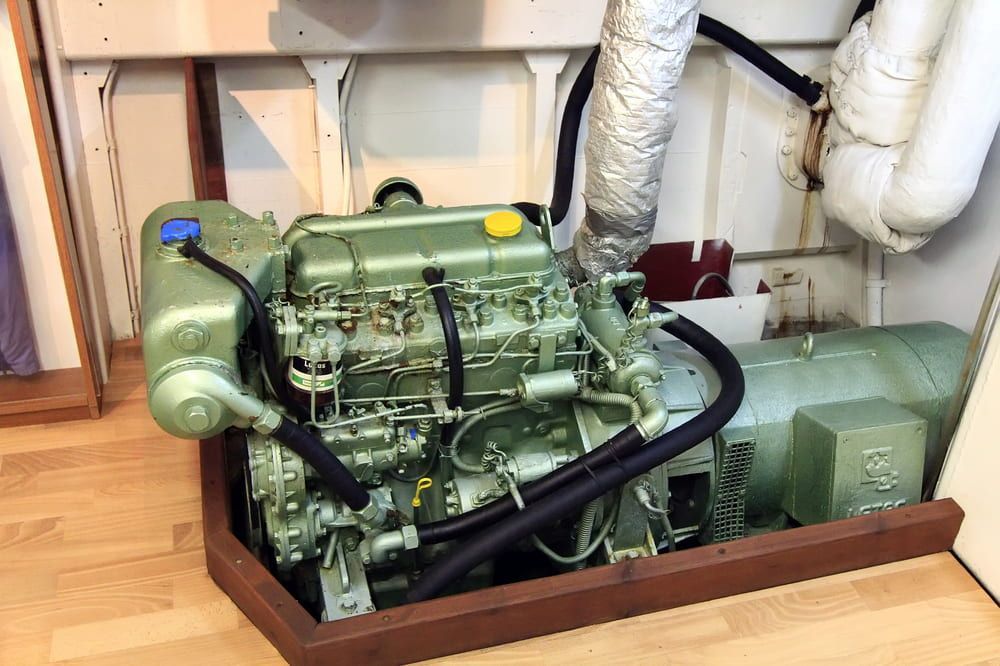 A Green Engine is Sitting on a Wooden Floor in a Room — Whitsunday Diesel & Marine In Townsville, QLD