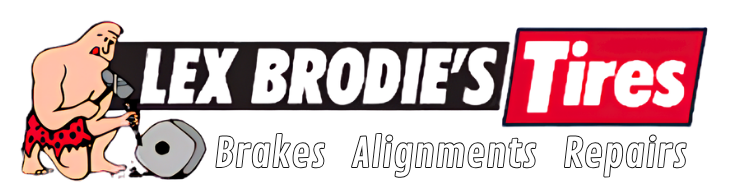 Lex Brodies Tires logo with a man in a tire, red and black text, and “Brakes Alignment Repairs” tagline
