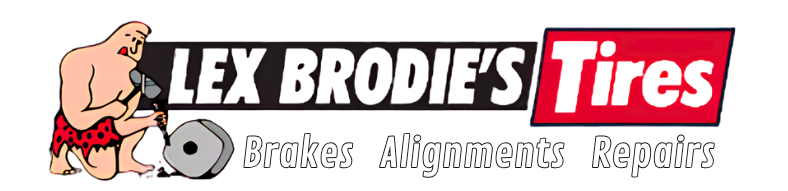 Lex Brodie’s Tires logo with cartoon mechanic, tire, and “Brokes Alignments Repairs” text