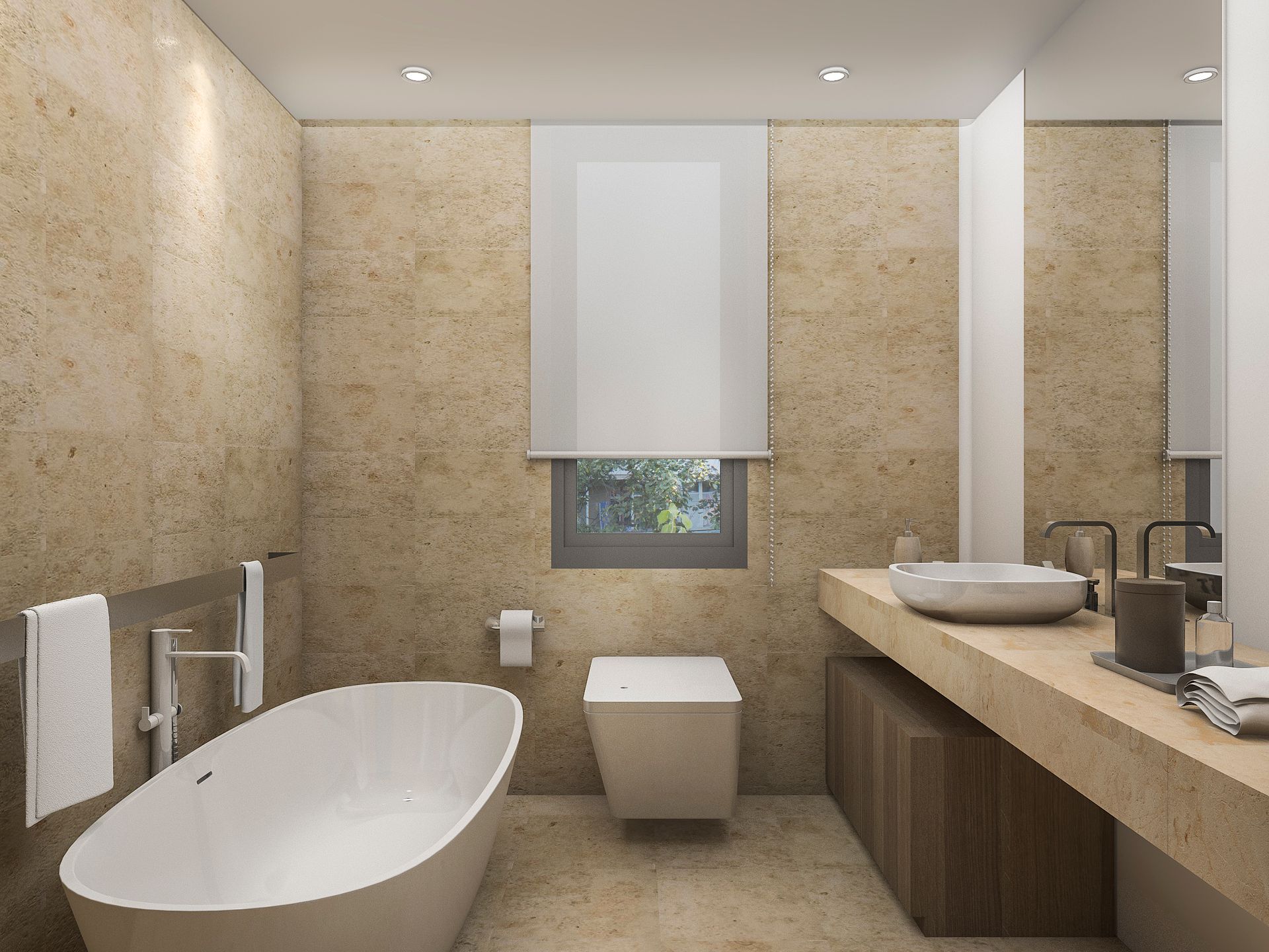 Modern bathroom with beige tile walls, a white tub, and a floating vanity.