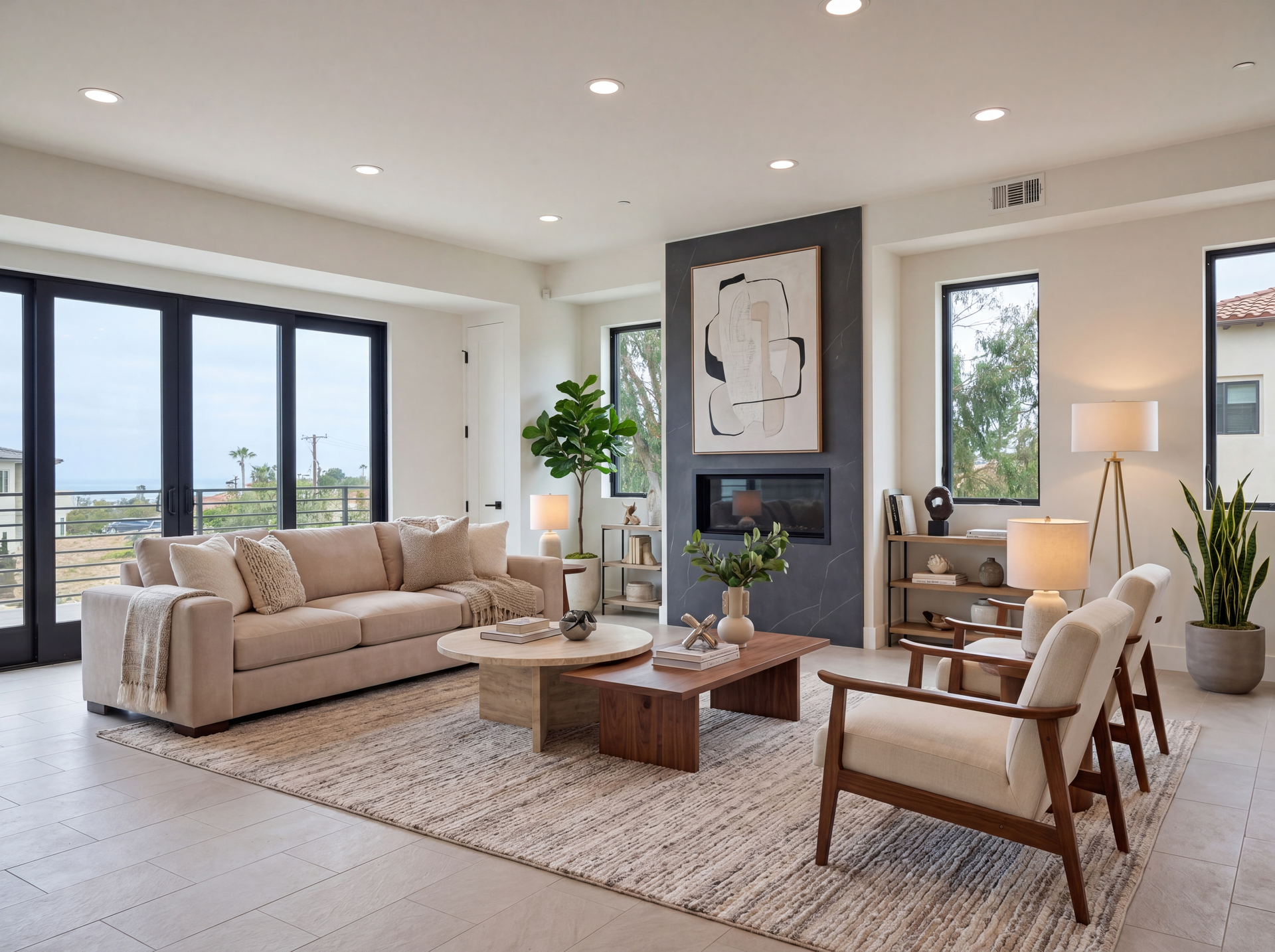 Bright modern living room with beige sofa, wooden chairs, fireplace, and large sliding glass doors.