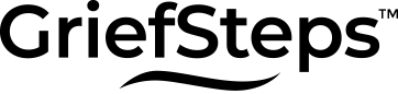 GriefSteps logo in black text with a small blue roof-like accent above the letter i