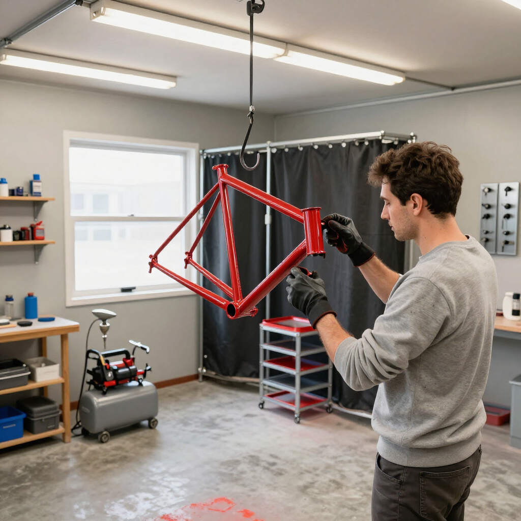Person in a workshop inspecting a red bicycle frame hanging from the ceiling.