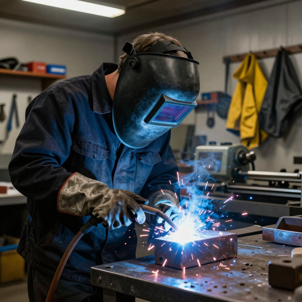 Welder in protective gear welding a metal block, bright sparks flying in a workshop