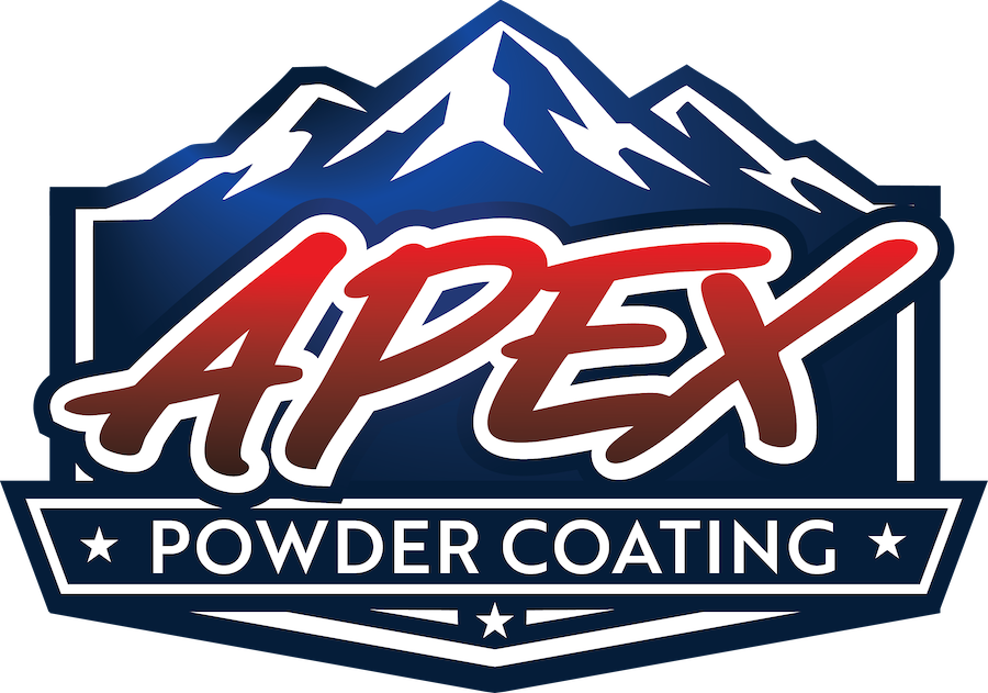 APEX Powder Coating logo with mountain graphic in red, white, and blue