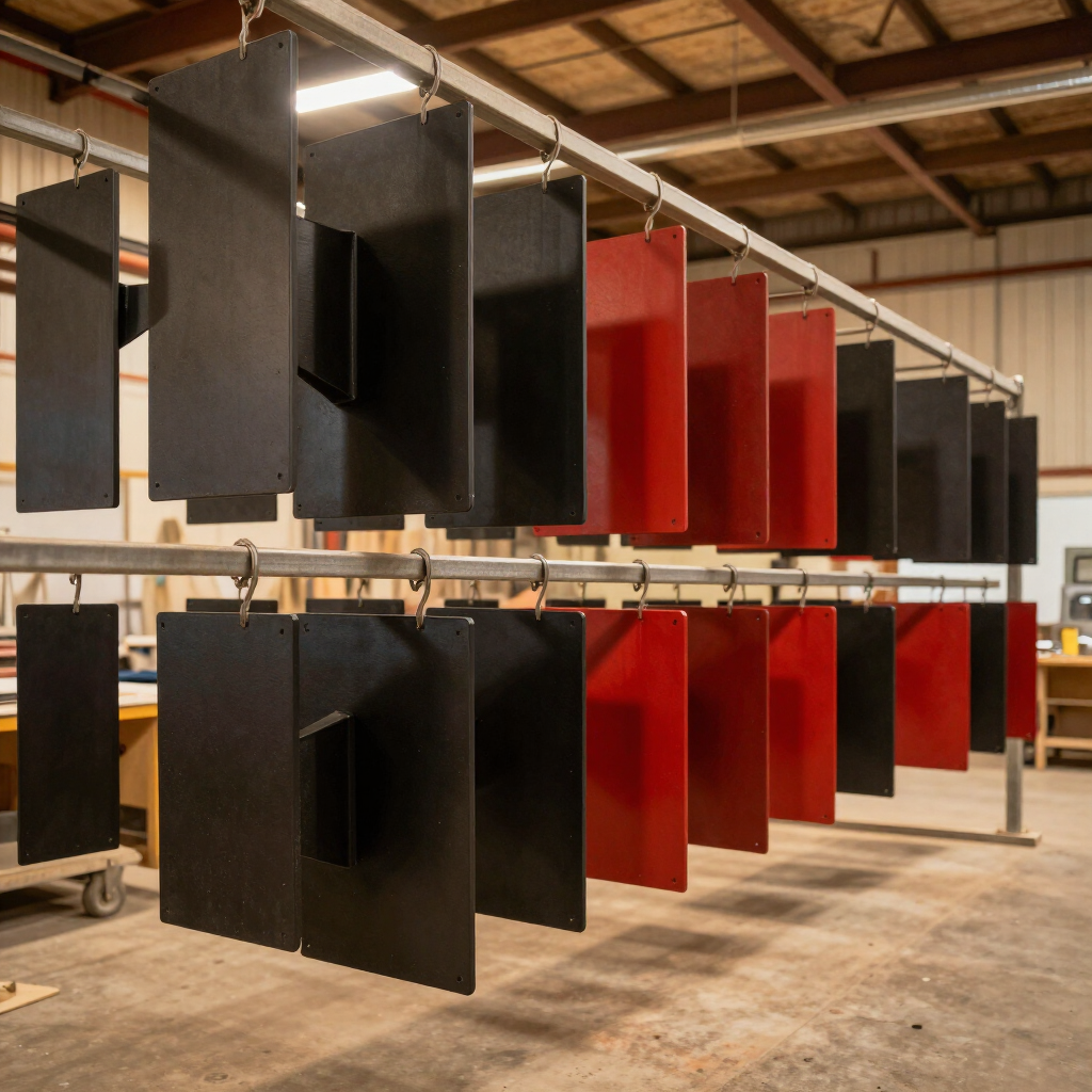 Freshly powder-coated steel brackets and panels hanging after curing in an Arizona powder coating sh
