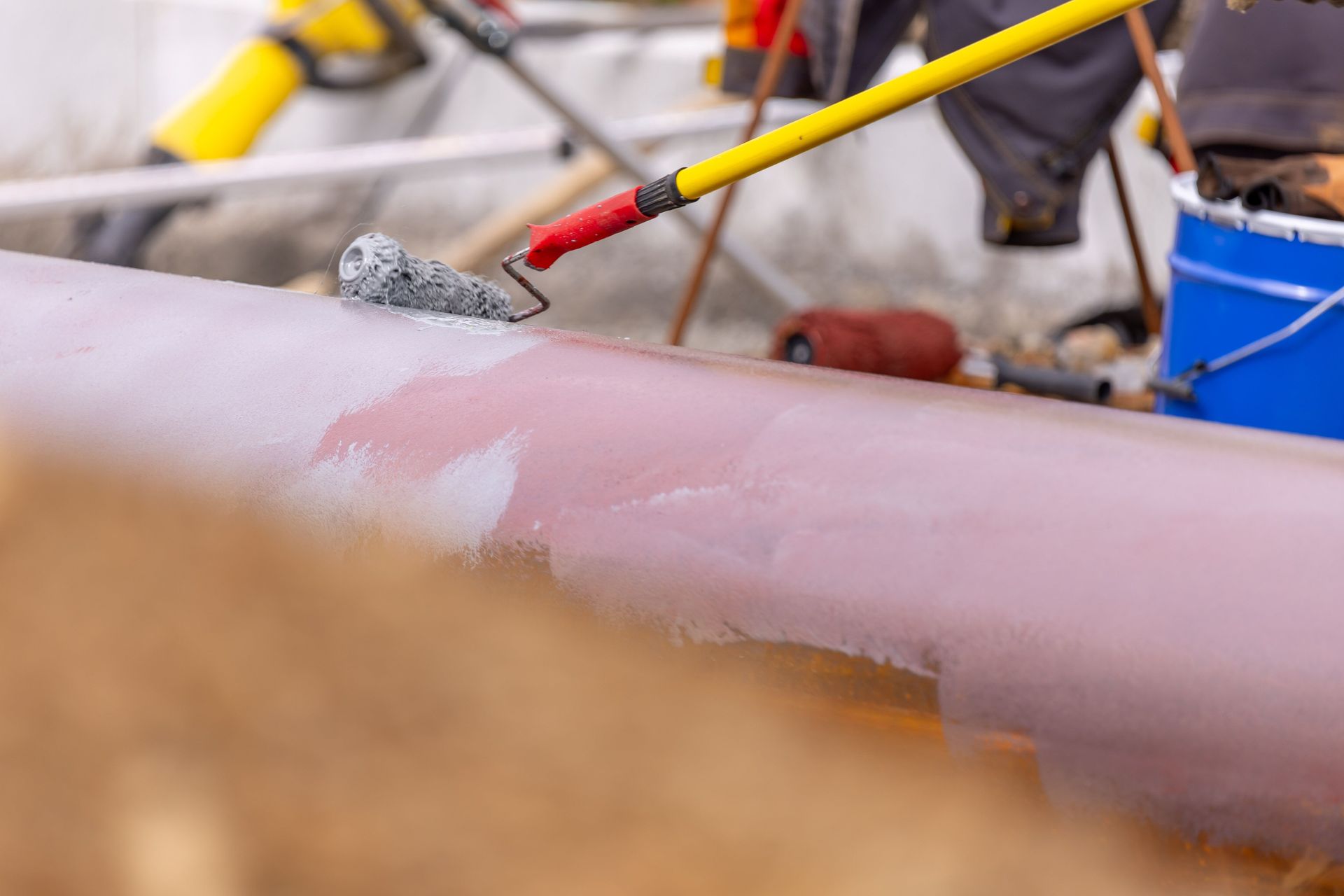 Painter applying pink paint to a metal surface with a small roller and brush