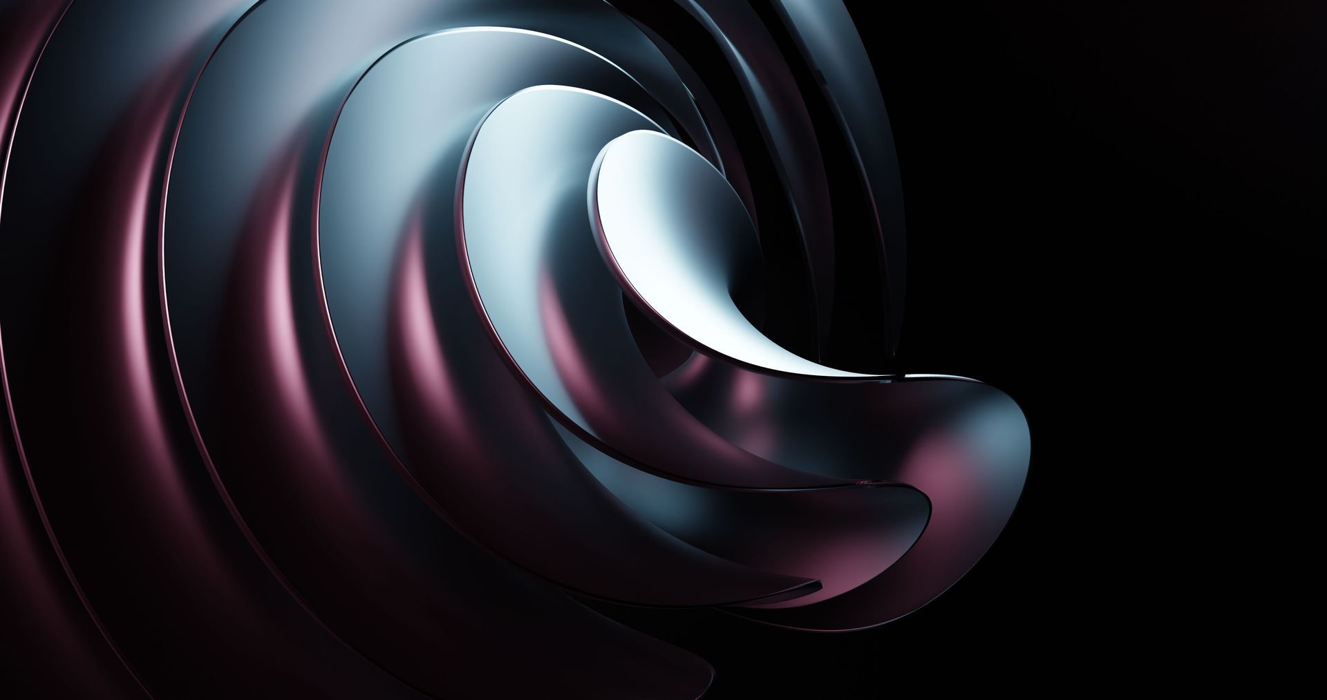 Abstract dark metallic swirl with glossy black, silver, and pink highlights on a black background