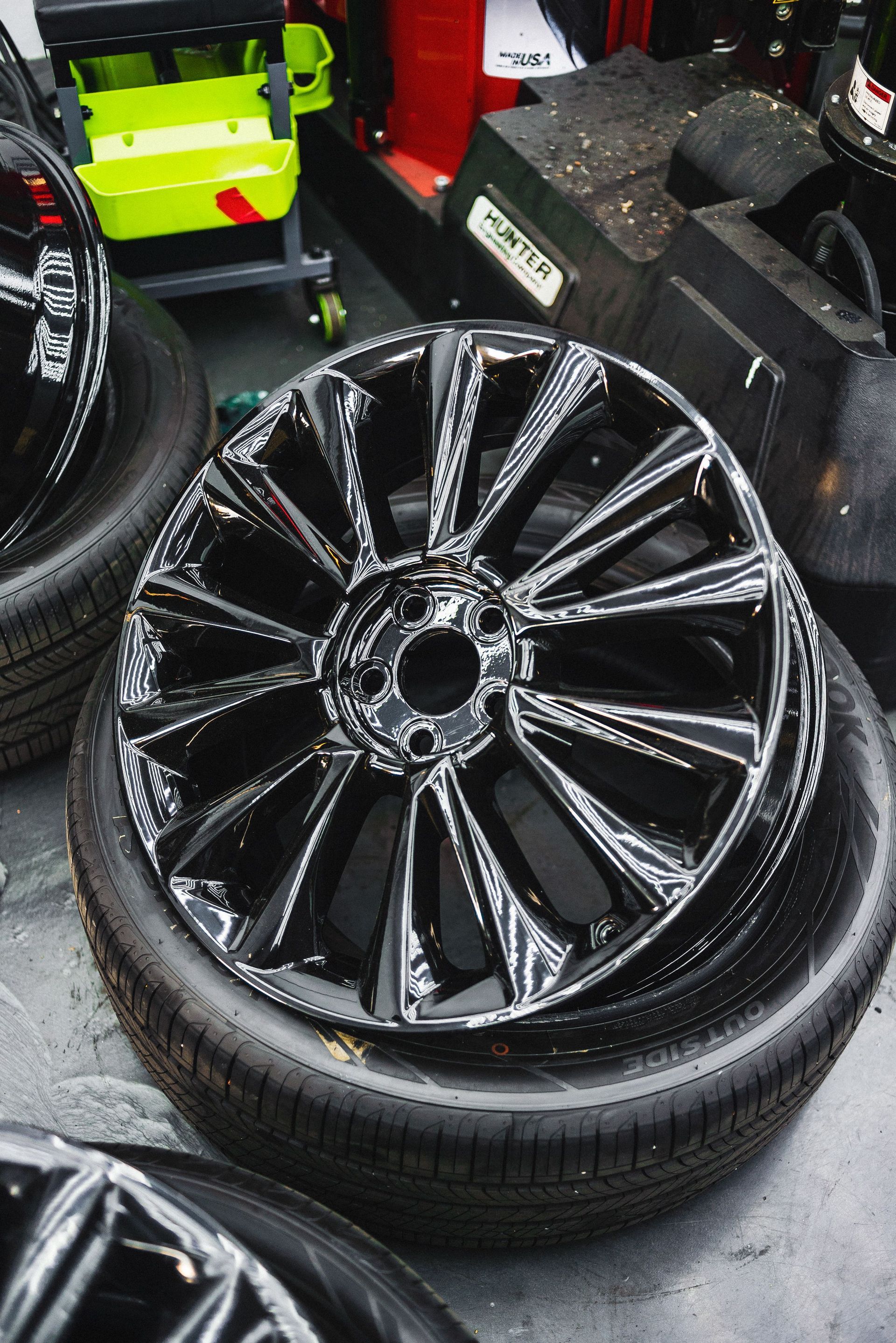Black powder-coated wheel rim with detailed spokes
