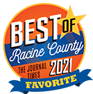 Best of Racine County 2021 award badge with blue, orange, and gold starburst design