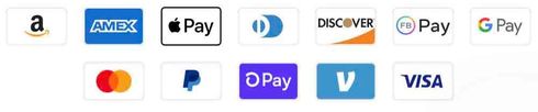 Logos of major payment methods and cards, including Amazon, AmEx, Apple Pay, Discover, Google Pay, Mastercard, PayPal, Visa, and others.