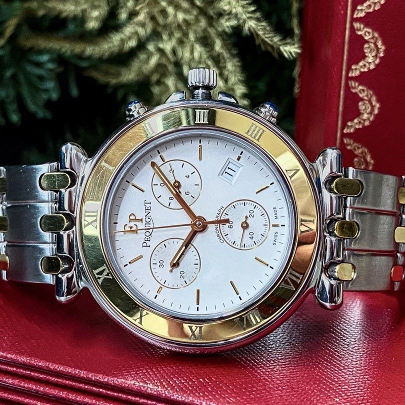 EP pequignet heren horloge met een 14 karaat gouden bezel en edelstaal met chronograaf en zwitsers quartz uurwerk