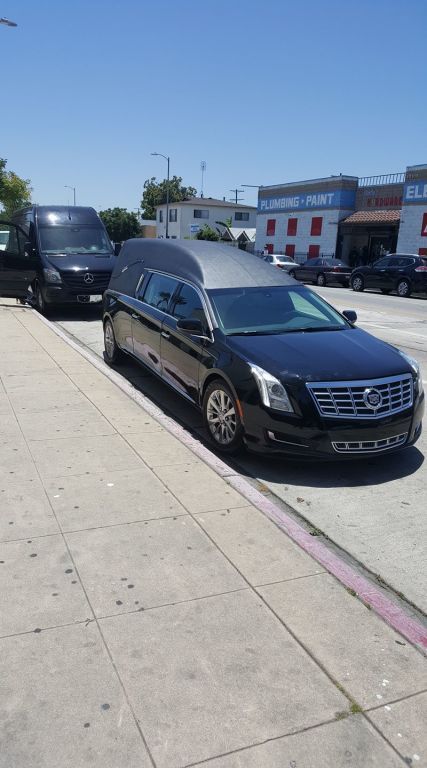 Black Cadillac limousine parked along a sunny sidewalk near other cars and storefronts.