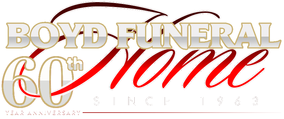 Boyd Funeral Home 60th anniversary logo in gold and red script on white background