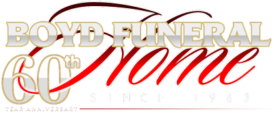 Boyd Funeral Home 60th anniversary logo in red and black script on white background