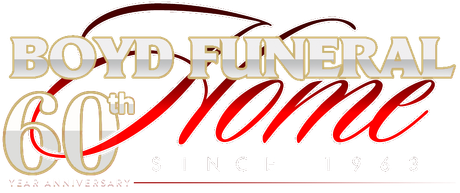 Boyd Funeral Home 60th anniversary logo in gold and red script on white background