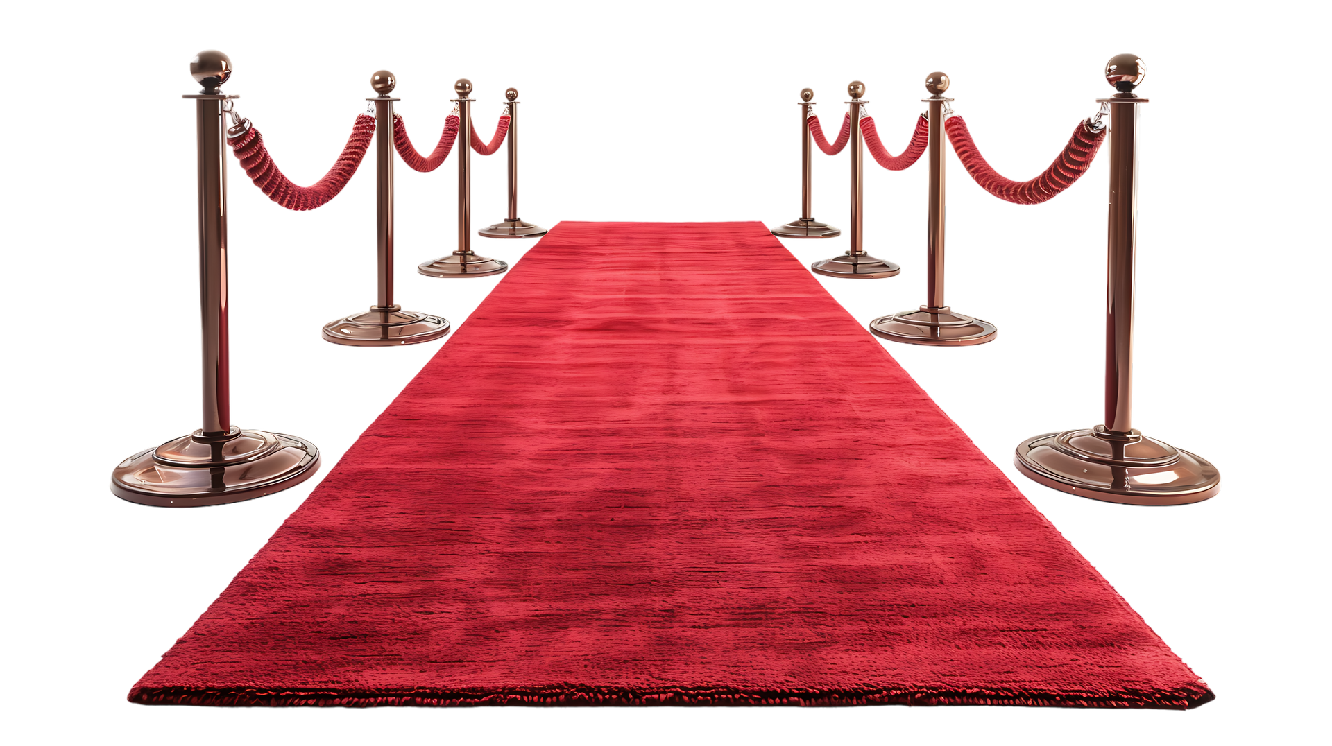 A long red carpet leading to a row of rope barriers.