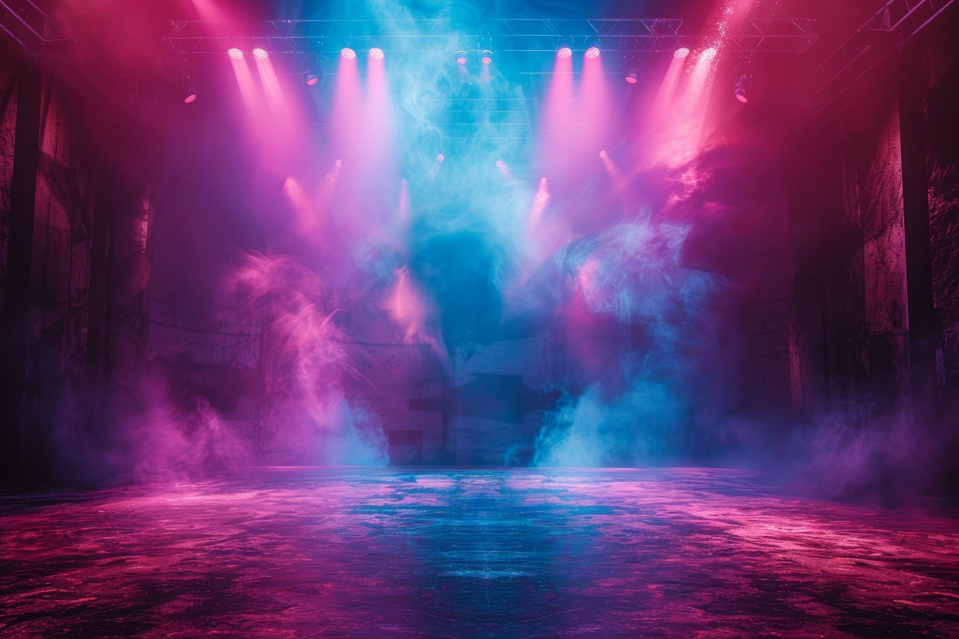 A stage with purple and blue lights and smoke coming out of it.