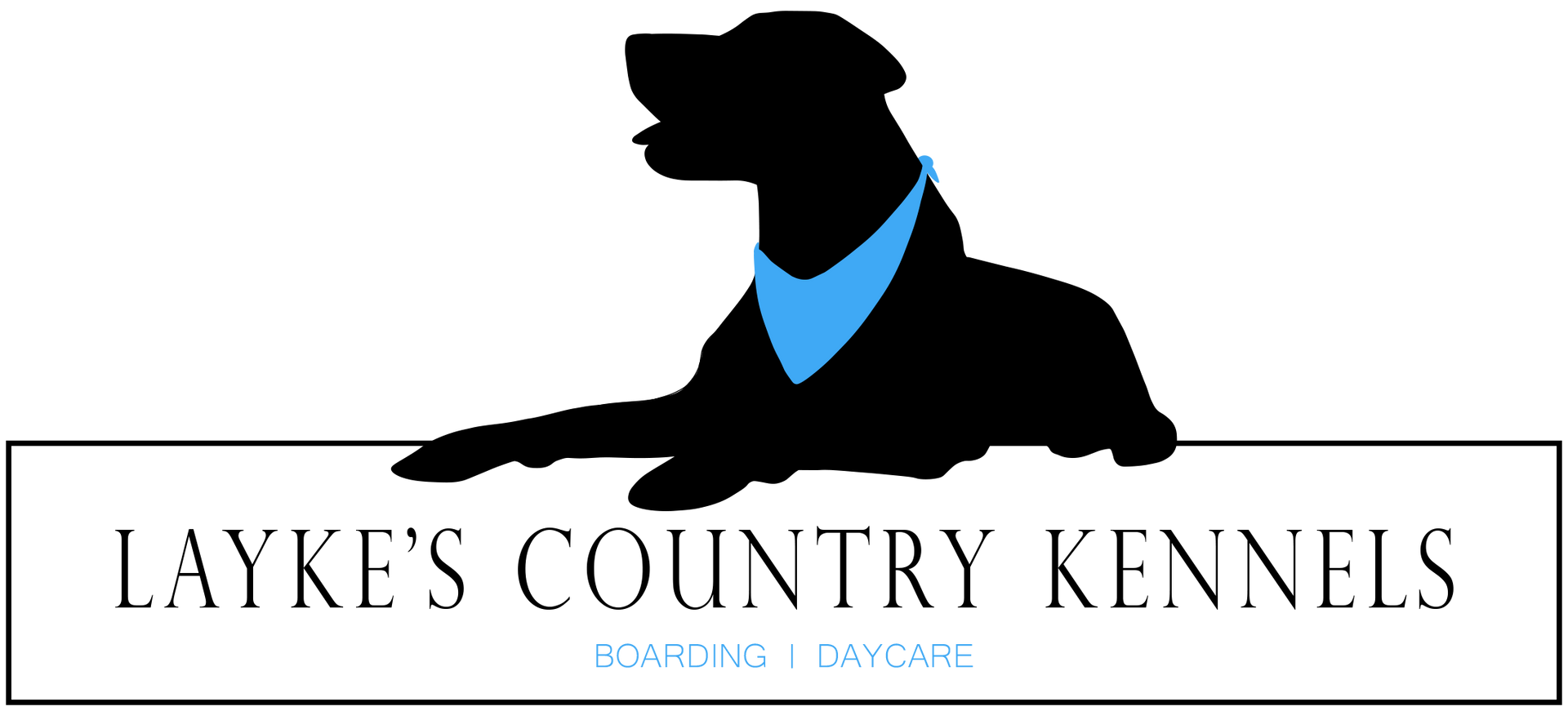 Silhouette of a dog wearing a blue bandana, above text "Layke's Country Kennels, Boarding & Daycare".