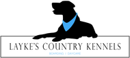 Silhouette of a dog wearing a blue bandana, above text "Layke's Country Kennels, Boarding & Daycare".