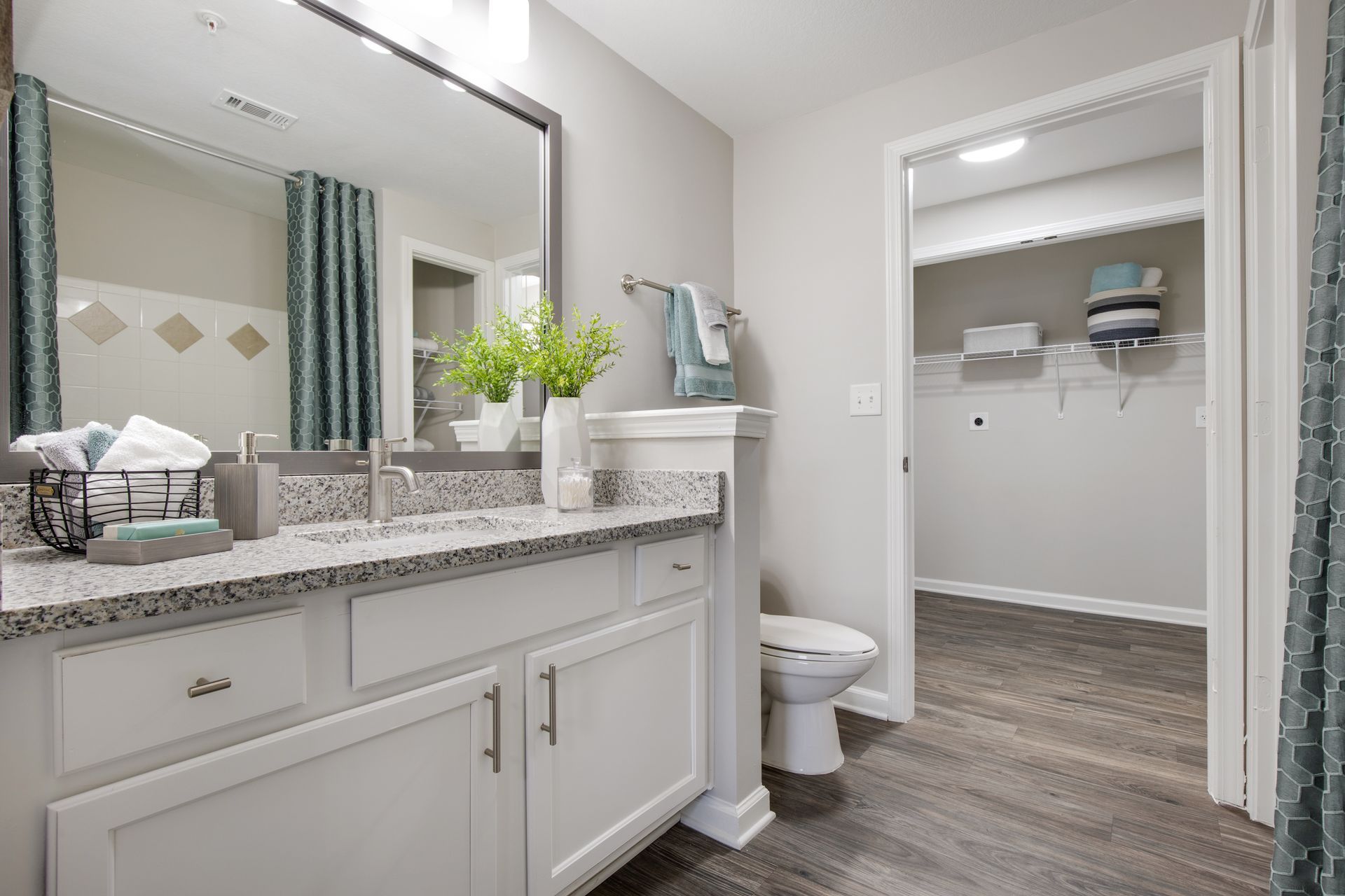 Bright bathroom vanity with mirror, sink, and walk-in closet in soft gray and white tones at The Carlyle at Godley Station apartments in Pooler, GA.