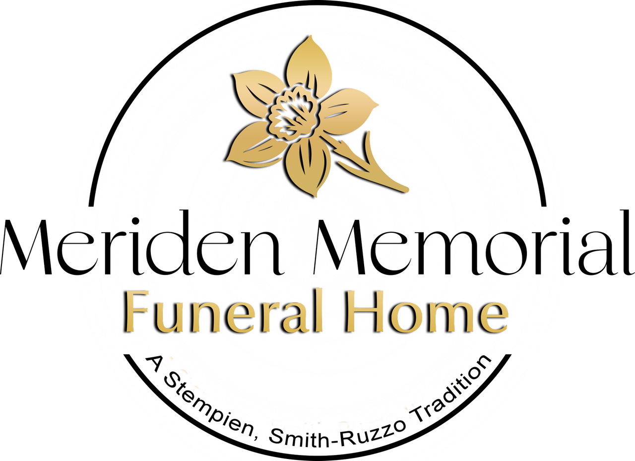 Meriden Memorial Funeral Home logo with gold flower and black arch, &ldquo;A Stampin, Smith-Ruzzo Tradition&rdquo; tagline