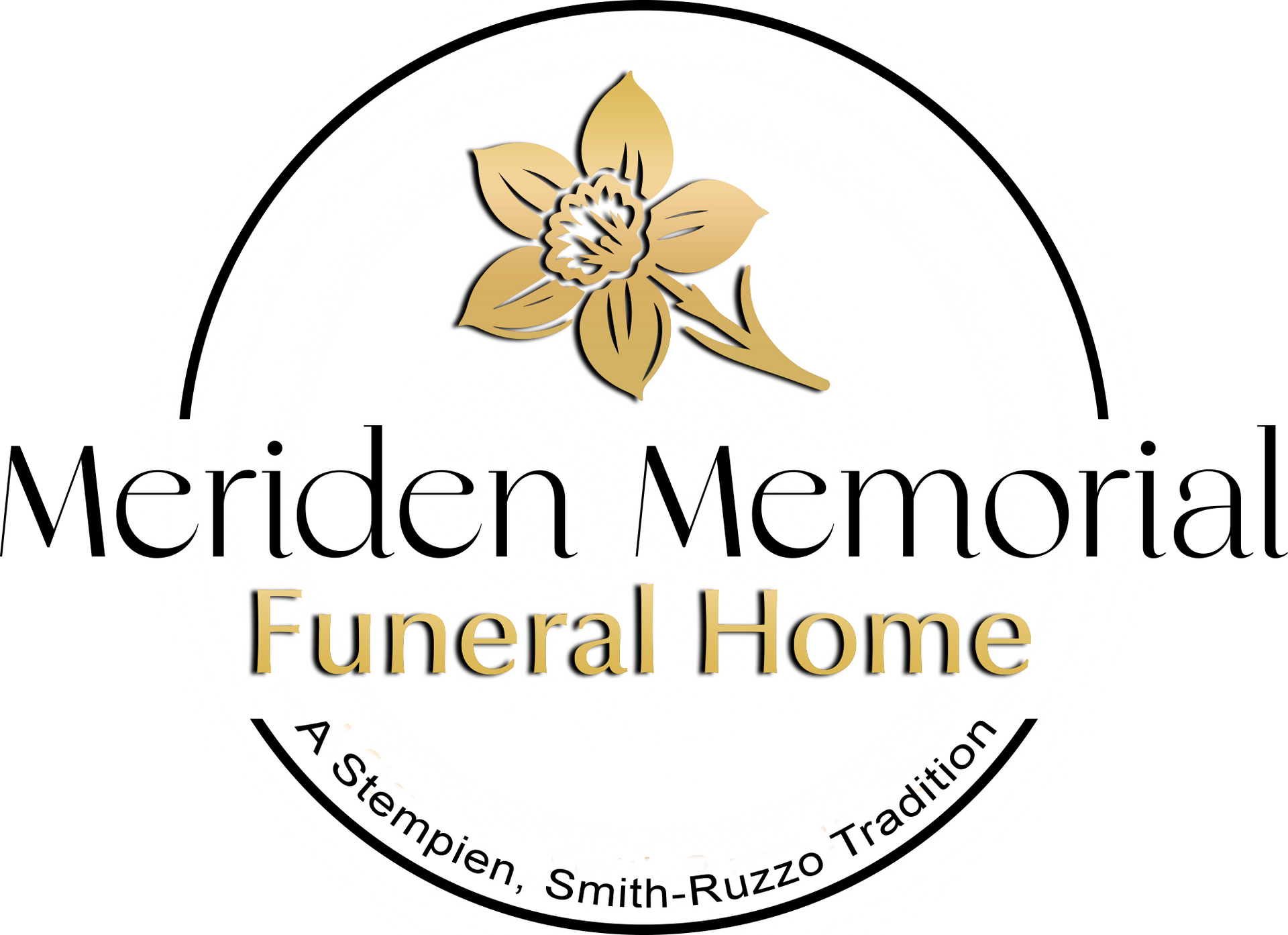 Meriden Memorial Funeral Home logo with gold flower and black arch, “A Stampin, Smith-Ruzzo Tradition” tagline