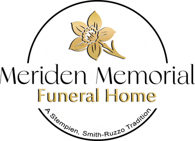 Meriden Memorial Funeral Home logo with gold flower and black arch, &ldquo;A Stampin, Smith-Ruzzo Tradition&rdquo; tagline