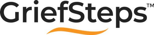 GriefSteps logo in black with an orange swoosh underline