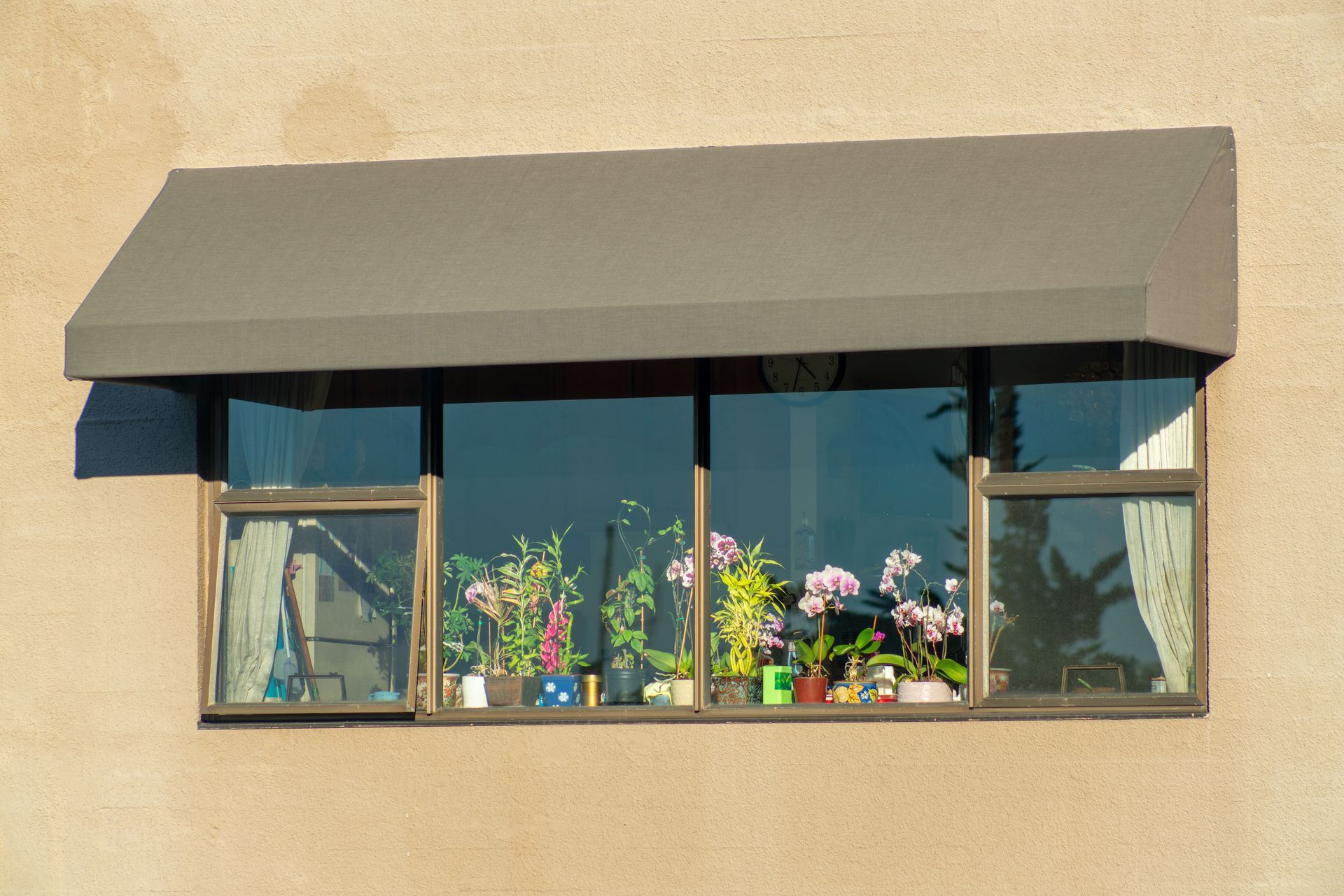 Small apartment window with gray awning and potted flowers on the sill