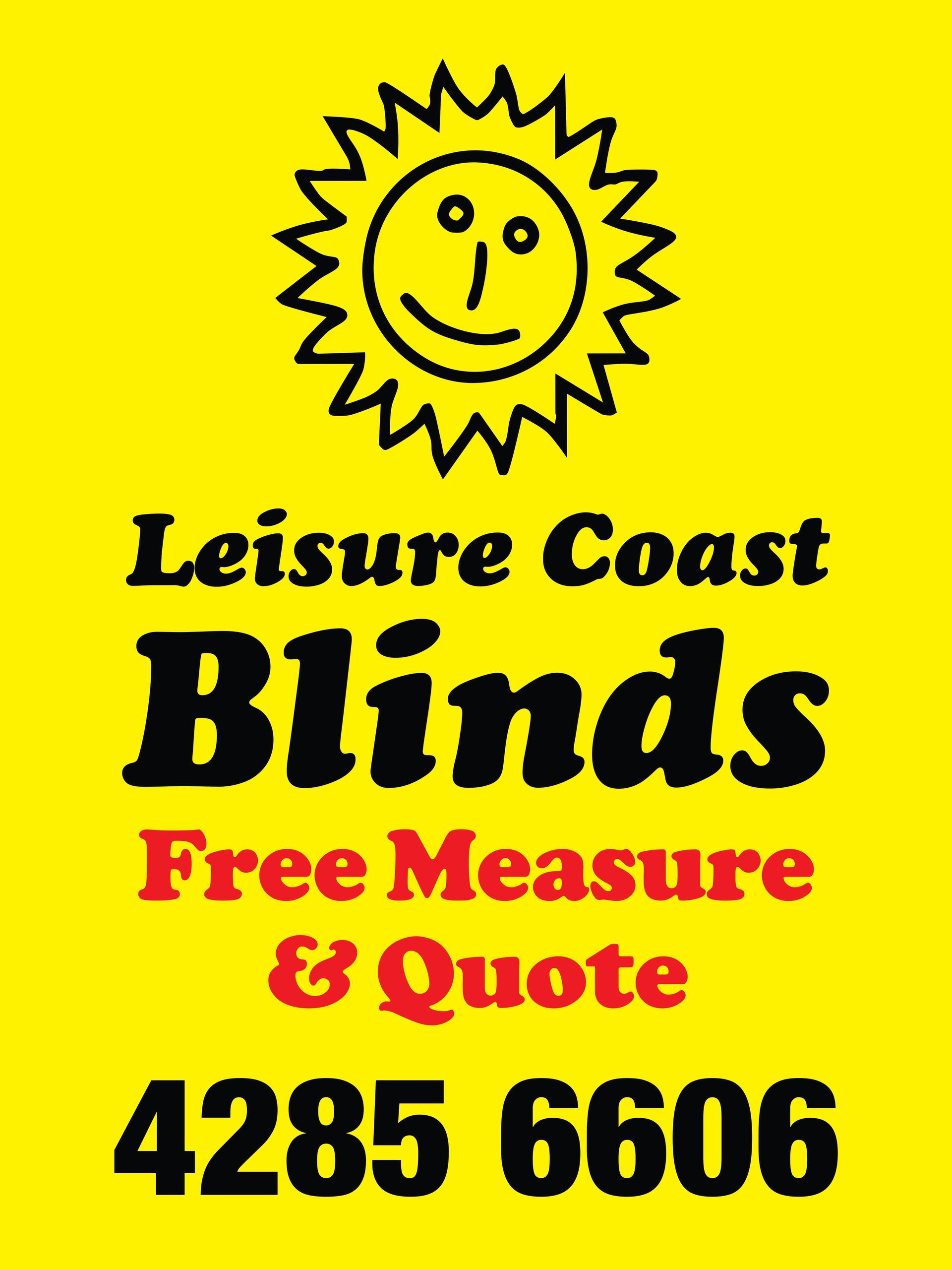 Yellow “Leisure Coast Blinds” ad with sun logo, “Free Measure & Quote,” and phone number 4285 6606