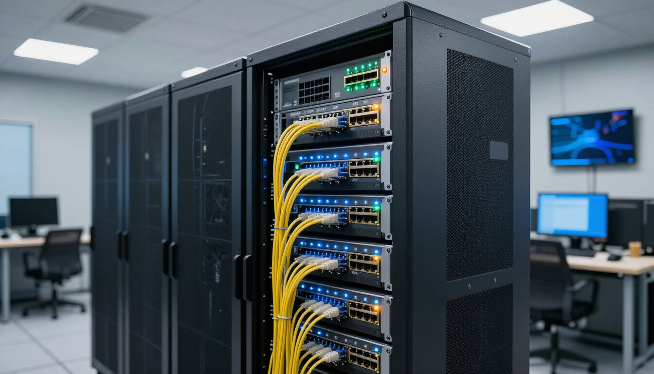 Server rack with yellow network cables in a modern office data center room