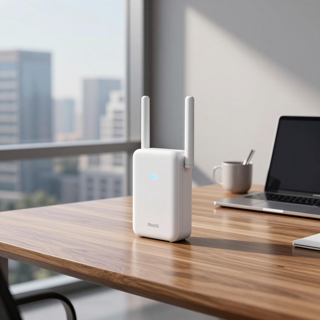 White Wi‑Fi router with two antennas on a wooden desk beside a laptop and mug by a window