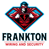 Frankton Wiring and Security logo with red superhero emblem and bold black text