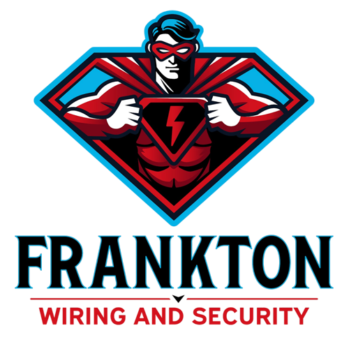 Frankton Wiring and Security logo with red superhero emblem and bold black text